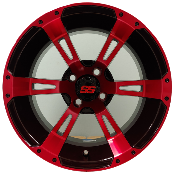 14" Aluminum Golf Cart Wheel - Excalibur Series 57 - Black/Red Machined Face