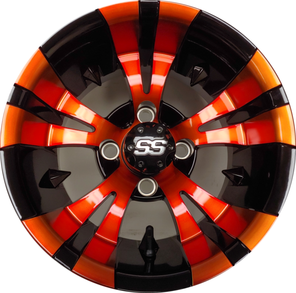 12" Aluminum Golf Cart Wheel - Excalibur Series 74 - Black/Orange Machined Face