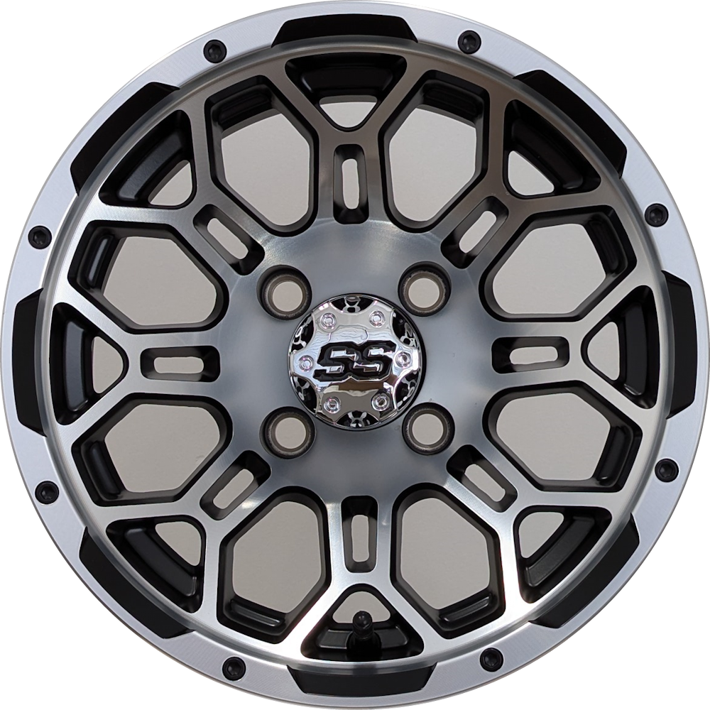 12" Aluminum Golf Cart Wheel - Excalibur Series 87 - Matte Black / Machined Face