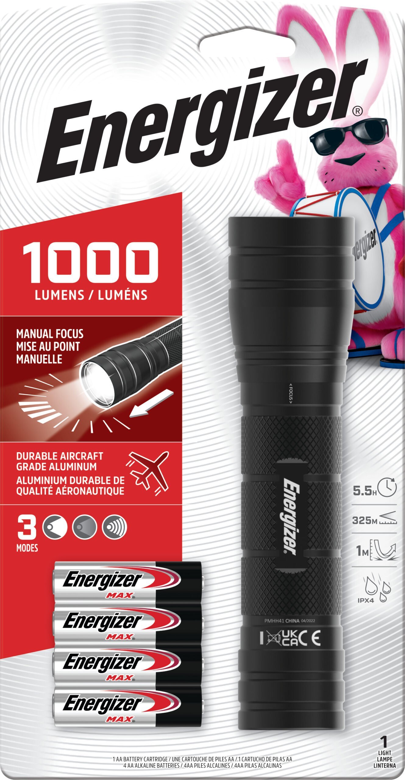 Energizer ENPMHH41E High Lumen Metal Light, 1,000 Lumen, IPX4 Water Resistant, Aircraft-Grade Metal Flashlight, Bright Emergency Flashlight, Batteries Included