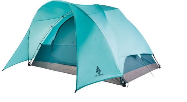 Woods Creekside 3-Season, 4-Person Camping Dome Tent w/ Canopy/Awning, Rain Fly & Carry Bag